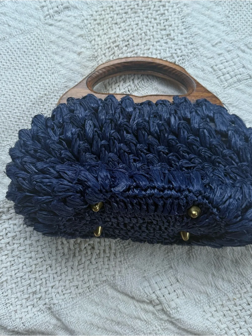 Vintage Blue Raffia Straw Purse Basket Weave Wood Handle Made in Japan Bohemian